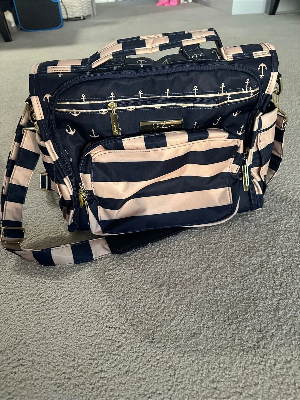 NWOT Ju-Ju-Be Navy and Tan Striped Convertible Baby Bag